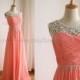 Coral Pink Chiffon Simple Wedding Dress/Bridesmaid Dress/Prom Dress V Back Sheer Beading Neckline