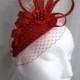 Poppy Red Veil Sinamay Loop & Crystal Pearl Teardrop Wedding Fascinator Mini Hat - Custom Made to Order