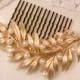 Trifari Pearl Brushed Gold Leaf Wedding Hair Comb, Rose Gold Large Bridal Headpiece, Vintage Modern Hairpiece, Rustic Garden 1960s Retro