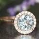 Halo Diamond Aquamarine Engagement Ring in 14k Rose Gold Wedding Band 8x8mm Gemstone Aquamarine Ring (Bridal Wedding Set Available)