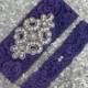 Wedding Garter Set - PURPLE Lace SILVER Rhinestone Crest Show & Dual Stud Toss - other colors available
