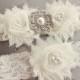 Ivory / Cream Snowflake Wedding Garter Set, Winter Wedding Garter, Lace Garter w/ Flowers, Pearl and Bling Accents, Ivory Bridal garderbelt