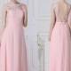 Elegant long lace bridesmaid dress pink chiffon dress a-line floor length Open Back blush formal/prom dress