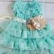 Lace Turquoise Flower Girl Dress with Tan Sash..Flower Girl Dress..Cowboy Girl Outfit..Flower Girl Gift..Photography Prop for Girls.Weddings