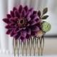 Large Plum Purple Chrysanthemum Flower Wedding Bridal Hair Comb.Plum Purple Flower Brass Leaf Collage Hair Comb. Bridal Purple Wedding
