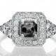Art Deco Black Diamond Ring, 18K White Gold Ring, Halo Engagement Ring, 0.84 TCW Black Diamond Engagement Ring, Vintage Rings