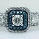 3 Stone Blue Diamond Square Halo Engagement Ring 10k White Gold Blue Halo Three Stone Diamond Engagement Ring Vintage Style