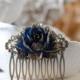 Gold Tipped Navy Dark Blue Rose Hair Comb. Antiqued Brass Filigree Hair Comb. Vintage Inspired Wedding Bridal Hair Comb