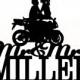 Custom Wedding Cake Topper Mr and Mrs with your last name, a closed tire Motorcycle silhouette, choice of color and a FREE base for display