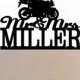 Custom Wedding Cake Topper Mr and Mrs with your last name, a closed tire Motorcycle silhouette, choice of color and a FREE base for display