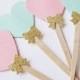 Pink And Mint Cupcake Toppers, Hearts, Gold Glitter Bow, Cottage Chic, Wedding, Bridal Showers, Baby Shower, Girls Birthday Party, Set Of 24
