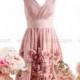 Blush Pink Nude Deep V Chiffon Bridesmaid Dress/Prom Dress Knee Length Short Dress with Flowers