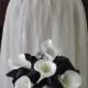 black and white / ivory bridal bouquet, black bridesmaid bouquet,  brooch alternative, calla lilies, affordable
