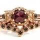 Rose Gold Engagement Ring Set - Rose Cut Garnet and Champagne Diamonds - Waxing Waning Moons