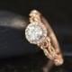 Ashlyn - Moissanite Engagement Ring in Rose Gold, Round Brilliant Cut, Diamond Halo, Filigree with Bezel Set Side Stones, Free Shipping