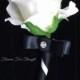 White Rose Boutonniere, FFT Design, Black Ribbon Silk Wedding Flower Groom Groomsmen Wedding Accessory, Made to Order