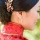 Bridal Hair Pin Red Swarovski Crystals Rhinestones Brass Leaves Flowers Modern Gold Asian Headpiece Chinese Tea Ceremony Wedding Tradition