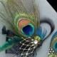 Peacock Wedding Set, Bridal Fascinator and Groom Bout Pin, Something Blue Hair Clip, SIENNA PLUTO