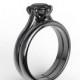 10k black gold wedding band and engagement ring set, 7mm round natural black onyx, AKR-474