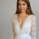 Lace wedding dress, long sleeves wedding dress, deep V neck line ,train  chiffon wedding dress