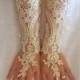 Long champagne gold or Ivory Wedding gloves free ship bridal fingerless french lace arm warmers cuff gauntlets fingerloop, Long lace glove