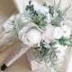 White fabric roses dusty miller frosted fern flowers wedding BOUQUET satin Handle, greenery bride, custom