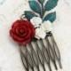 Bridal Hair Comb Deep Red Rose Hair Comb Flower Hair Comb Cream Rose Leaf Rustic Branch Winter Wedding Christmas Accessories Country Chic
