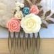 Flower Hair Comb Bridal Flowers for Hair Leaf Rustic Branch Comb Rose Comb Wedding Hair Accessories Pink Peach Coral Rose Cream Bridal Comb