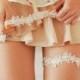 Pearl lace wedding garter, pearl bridal garter, peach ivory wedding garter set - style 499