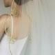 Hips Length Veil, Gold Embroidered Trim, Bridal Hair Tulle Blusher Modern Wedding Handmade