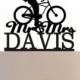 Wedding Cake Topper Mr and Mrs hair down with a bicycle silhouette, your last name, choice of color and a FREE base for display