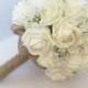 Wedding bouquet shabby chic, rustic white rose and babies breath, burlap, pearl, made to order