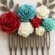 Floral Bridal Comb Teal and Red Rose Hairpiece Boho Chic Wedding Branch Comb Ivory Cream Floral Hair Accessories Romantic Colorful Bridal