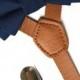 SUSPENDER & BOWTIE SET.  Newborn - Adult sizes. Light brown pu leather suspenders. Navy Bow tie.
