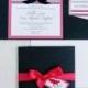 Ribbon + Rhinestone Wedding Invitation -- Pocket Invitation Suites, Satin Ribbon, Nautical Stripes, Hot Pink + Navy