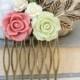 Green Flower Hair Comb Bridal Hair Comb Floral Collage Comb Leaf Branch Country Rustic Wedding Hair Accessories Dusty Pink Rose Cream Rose