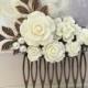 Bridal Hair Comb White Rose Comb with Branches and Pearls Floral Hair Accessories Romantic Weddding Bridemaids Gifts Brides Hair Piece