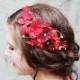 Verigated red flower hair clip w/ embroidered lace and rhinestone for Bridal Party or VALENTINE.  Rustic wedding accessory.