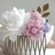 White and Lavender Flower Hair Comb. Icy White Rose, Lilac Purple Cherry Blossoms, Brass Leaf Hair Comb, Purple Lavender Wedding Hair Comb