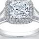 Ladies 18kt pave diamond halo engagement ring with a natural 2ct Cushion Shape white sapphire with 0.45 ctw G-VS2 diamonds