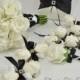 Black and White Bridal Package, FFT Design, Real Touch Roses Silk Flowers Elegant Wedding Bouquet Ring Bearer Pillow, Made to Order