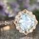 Vintage Inspired Floral Aquamarine Engagement Ring in 14k Rose Gold Scalloped Diamond Wedding Band 8x8mm Cushion Aquamarine Ring
