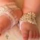 Baby shoes with rhinestones and pearls, Baby barefoot sandals, White babyshoes, Rhinestones, Pearls, Glass beads, Free shipping