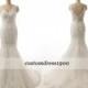 Elegant Cap Sleeve Sweep Train Handmade Lace Wedding Dress Sexy V-Back Ivory Bridal Gowns