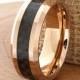 Tungsten Rose Gold Wedding Band Polished Beveled Edges 8mm Black Carbon Fiber Inlay Comfort Fit Mens Womens  Anniversary Ring FREE Engraving