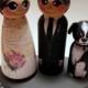 Wedding Cake Topper / Custom Painted Wood Peg Dolls / Couple Plus 1 small peg (perfect for children or pets) and Plaque / sports logo