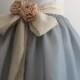 Silver and White Satin Organza Girls Dress for Flower Girl or Special Occasion