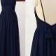 Dark navy blue bridesmaid dresses, navy prom dress, chiffon dresses, A-line bridesmaid dress, spaghetti straps prom dress