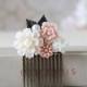 Pink Ivory Flower Collage Hair Comb. Flowers, Pearl and Antique Brass Leaf Filigree Comb. Vintage Inspired, Wedding Bridal Comb
