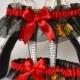 Wedding Garter Set Black Handmade with Chicago Blackhawks fabric